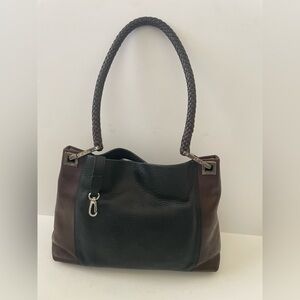 Brighton Two-Tone Black Brown Leather Shoulder Purse Handbag Tote Woven Handles